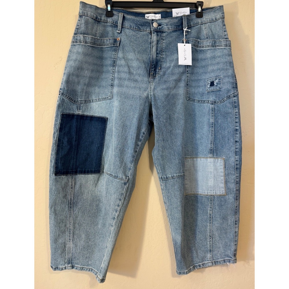 Jessica Simpson Cherry Barrel Jeans Women 18W Patchwork Cropped Distres Boho NEW